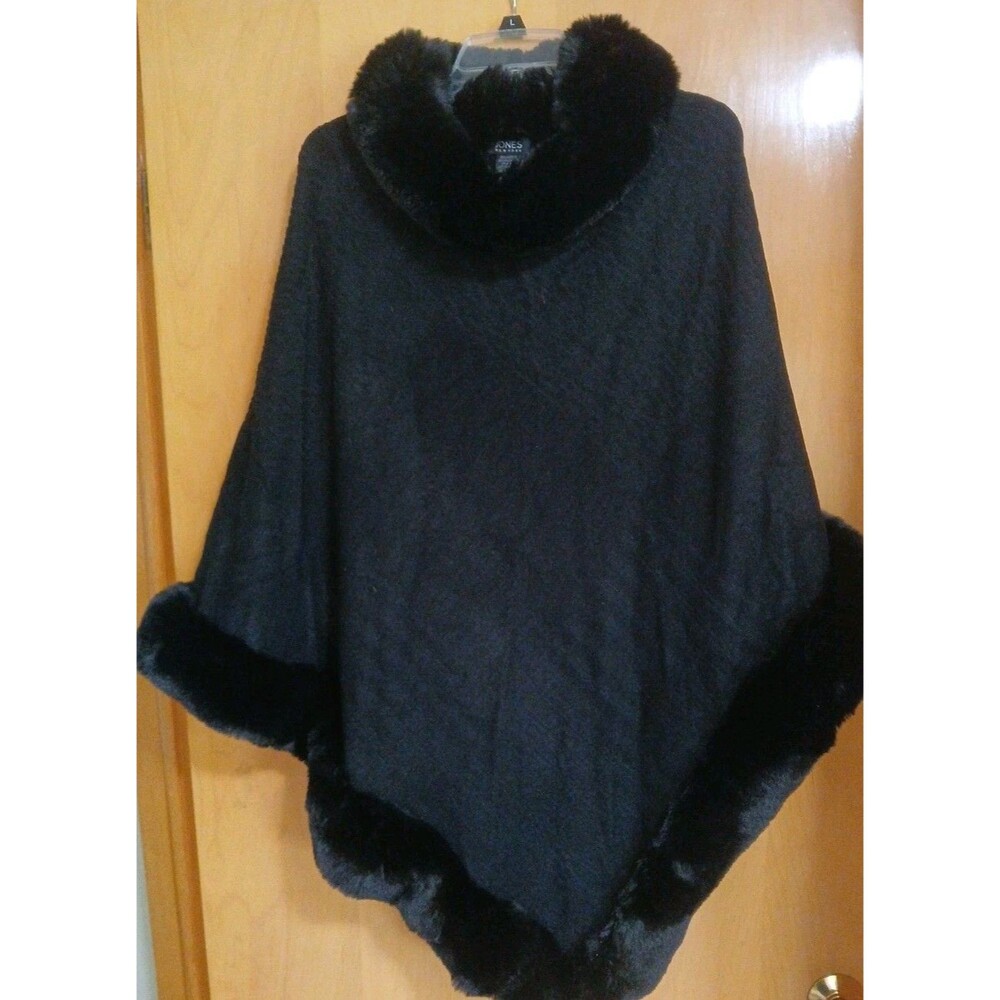 Jones New York Cape Faux Fur Collar & Edges Shawl Poncho Black One Size Fit All